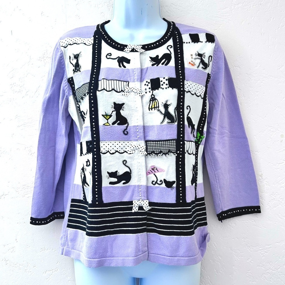 BEREK Vintage Beaded Appliqué Embroidered Cat Cardigan Sweater L